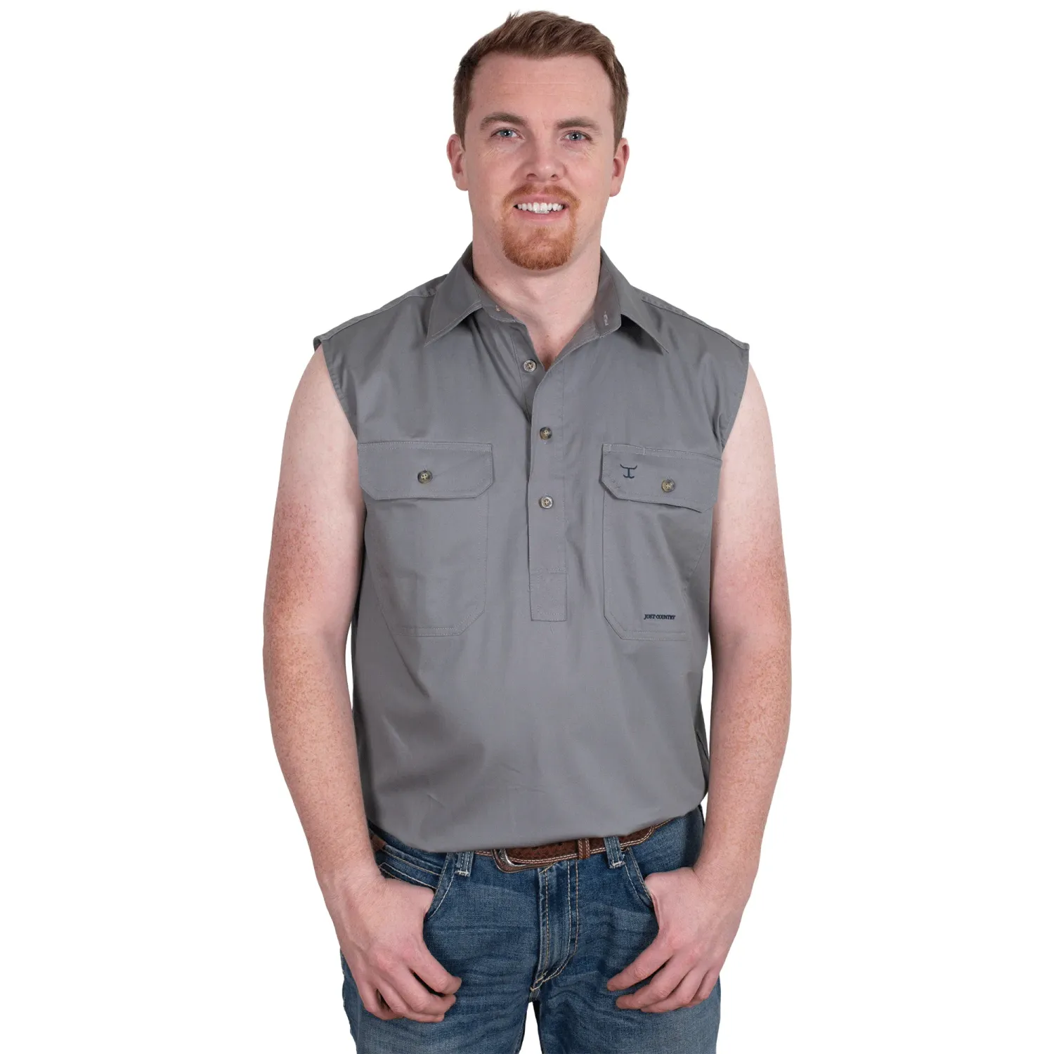 Just Country Mens Jack Half Button Sleeveless Steele Grey Work Shirt, Size: S