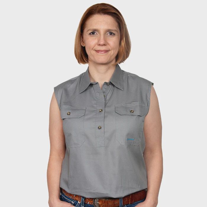Just Country Ladies Kerry Half Button Sleeveless Steele Grey Work Shirt, Size: XS (8)