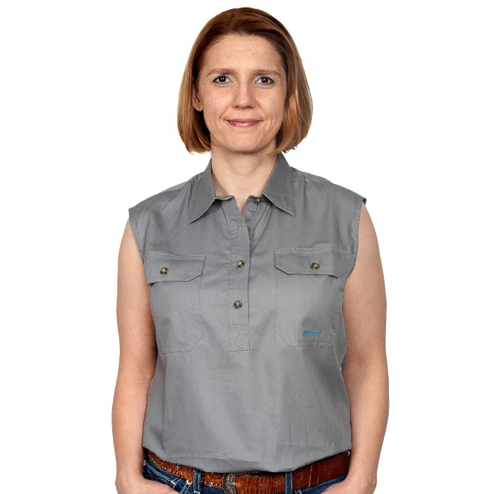 Just Country Ladies Kerry Half Button Sleeveless Steele Grey Work Shirt, Size: XS (8)