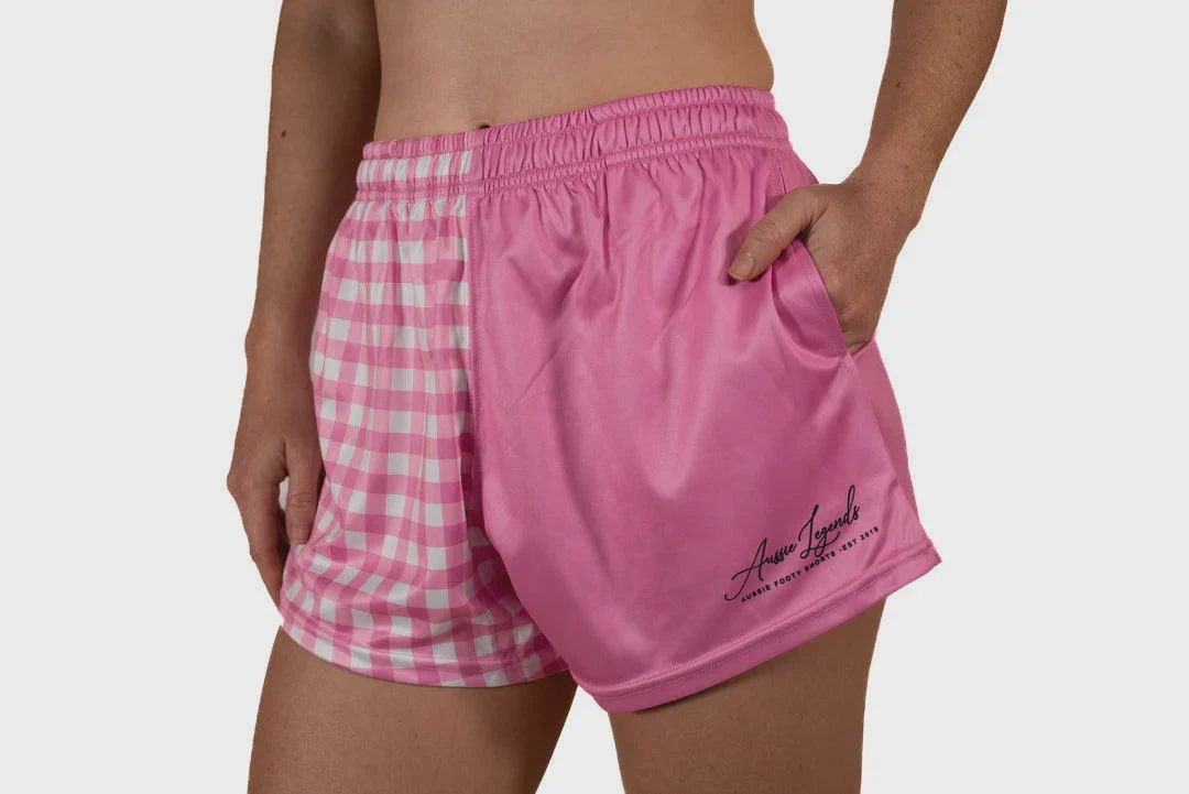 Aussie Footy Shorts Adult Pink and White Chequered Gingham Footy Short, Size: XS