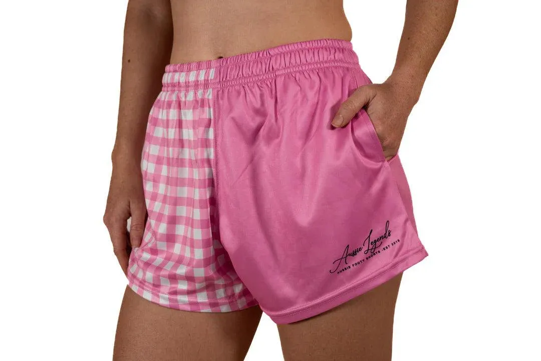 Aussie Footy Shorts Adult Pink and White Chequered Gingham Footy Short, Size: XS