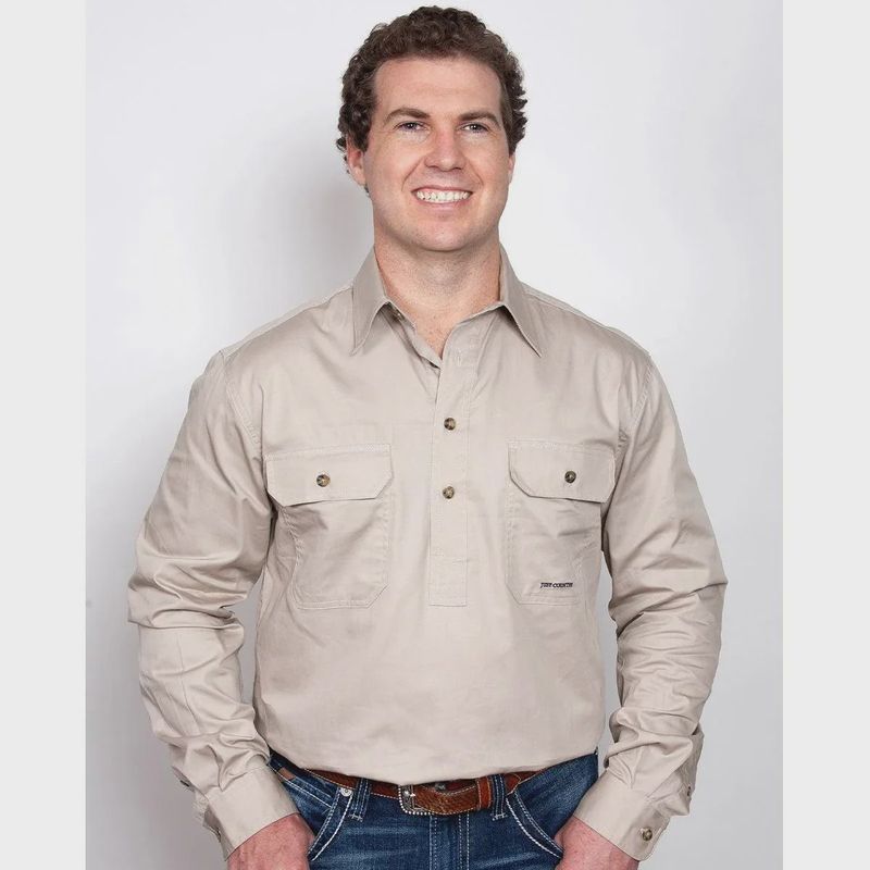 Just Country Mens Cameron Half Button Long Sleeve Stone Work Shirt