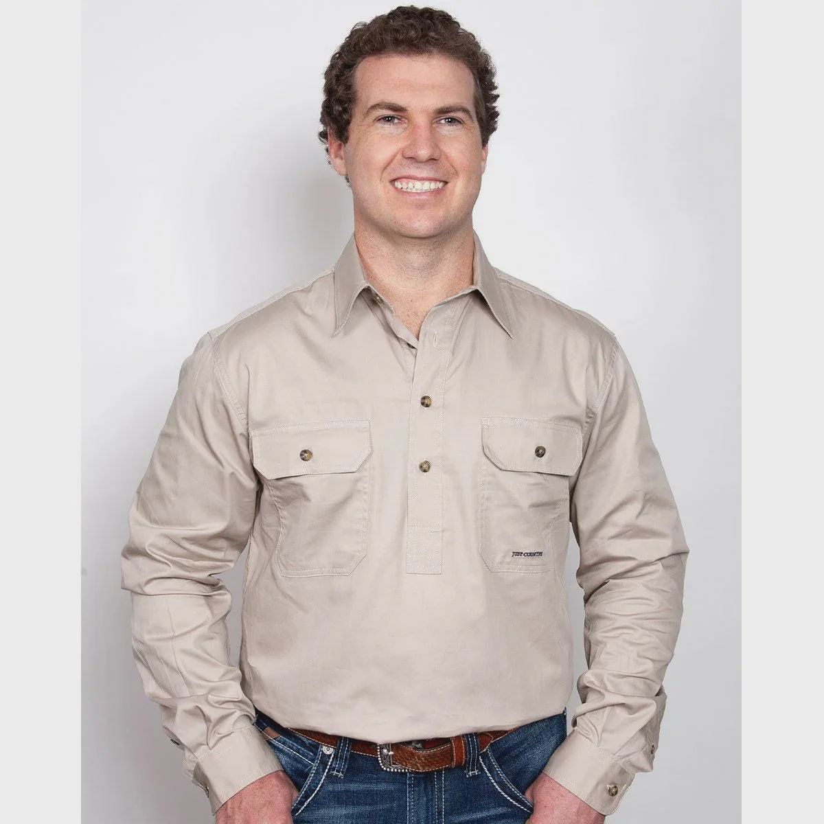 Just Country Mens Cameron Half Button Long Sleeve Stone Work Shirt, Size: S