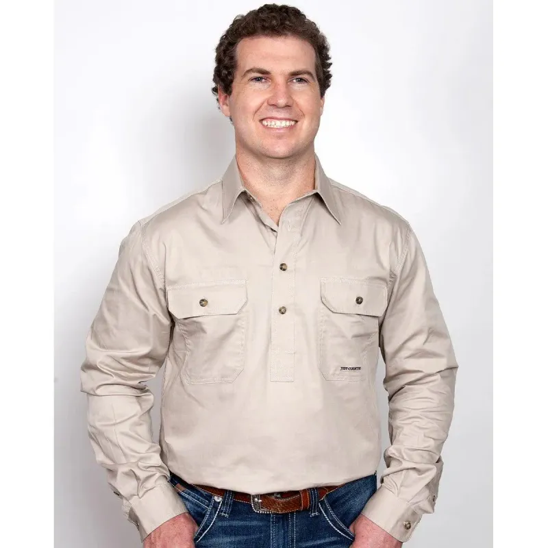 Just Country Mens Cameron Half Button Long Sleeve Stone Work Shirt