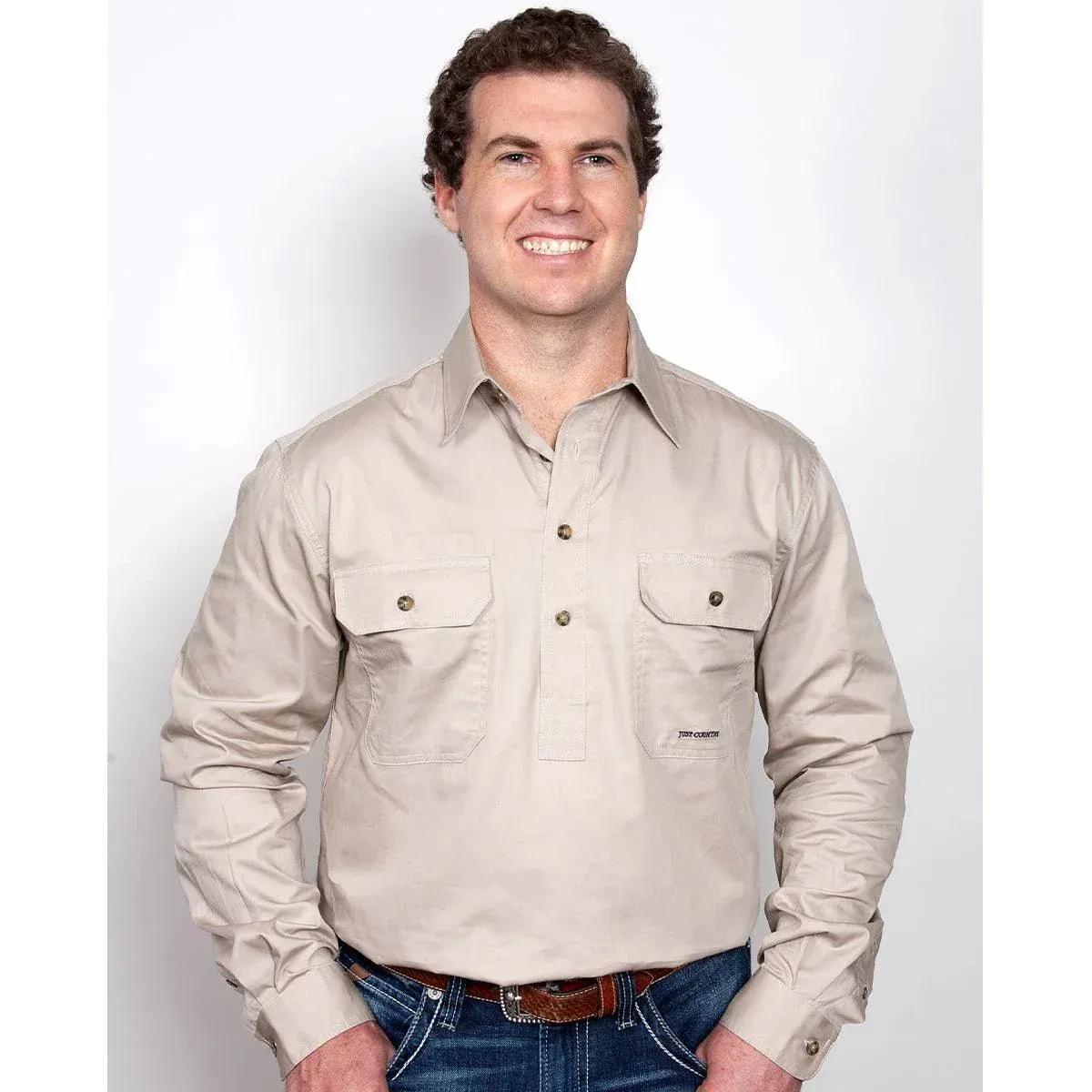 Just Country Mens Cameron Half Button Long Sleeve Stone Work Shirt, Size: S