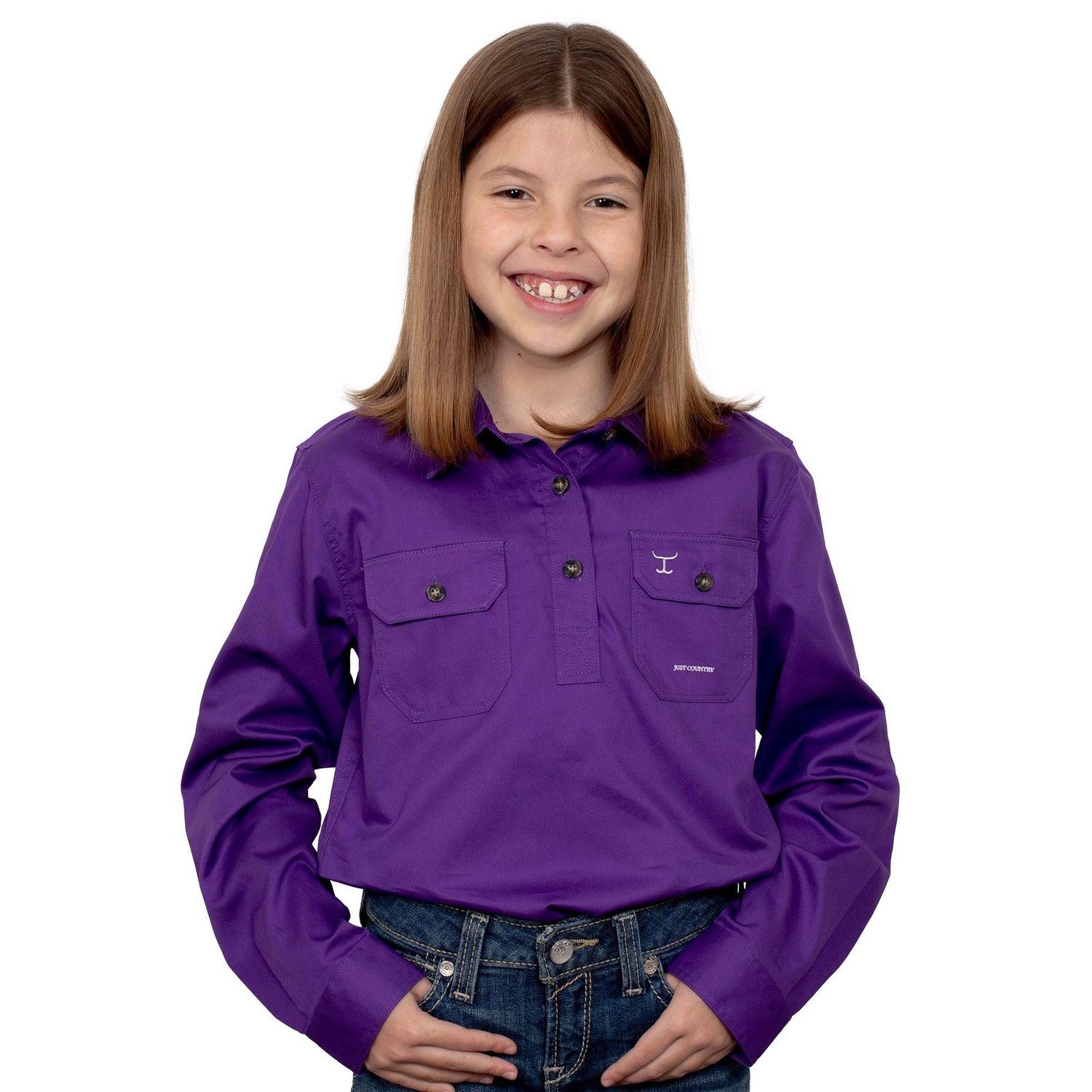 Just Country Kids Girls Kenzie Half Button Long Sleeve Purple Work Shirt, Size: XXS (2-3)