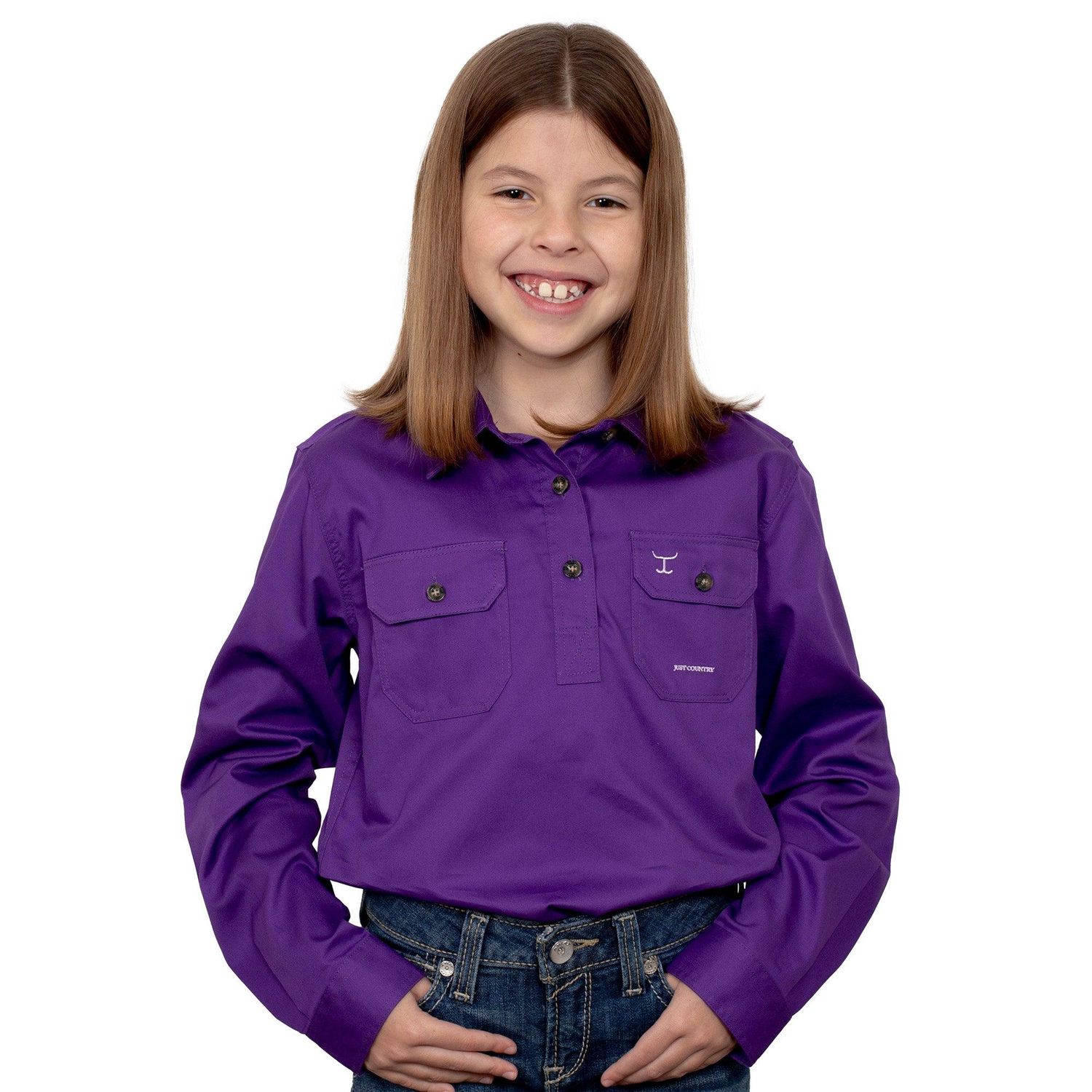 Just Country Kids Girls Kenzie Half Button Long Sleeve Purple Work Shirt, Size: XXS (2-3)