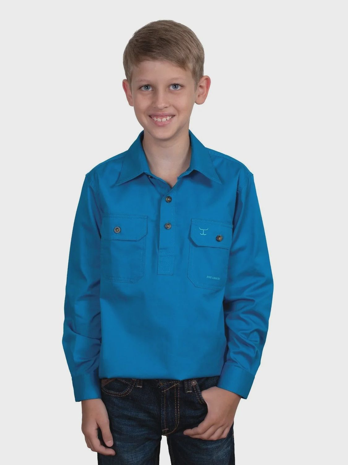 Just Country Kids Boys Lachlan Half Button Long Sleeve Blue Jewel Work Shirt, Size: XXS (2-3)