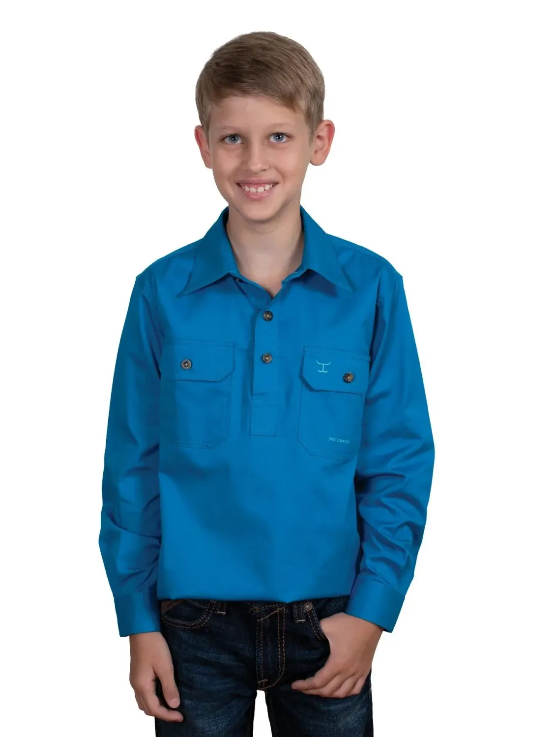 Just Country Kids Boys Lachlan Half Button Long Sleeve Blue Jewel Work Shirt, Size: XXS (2-3)