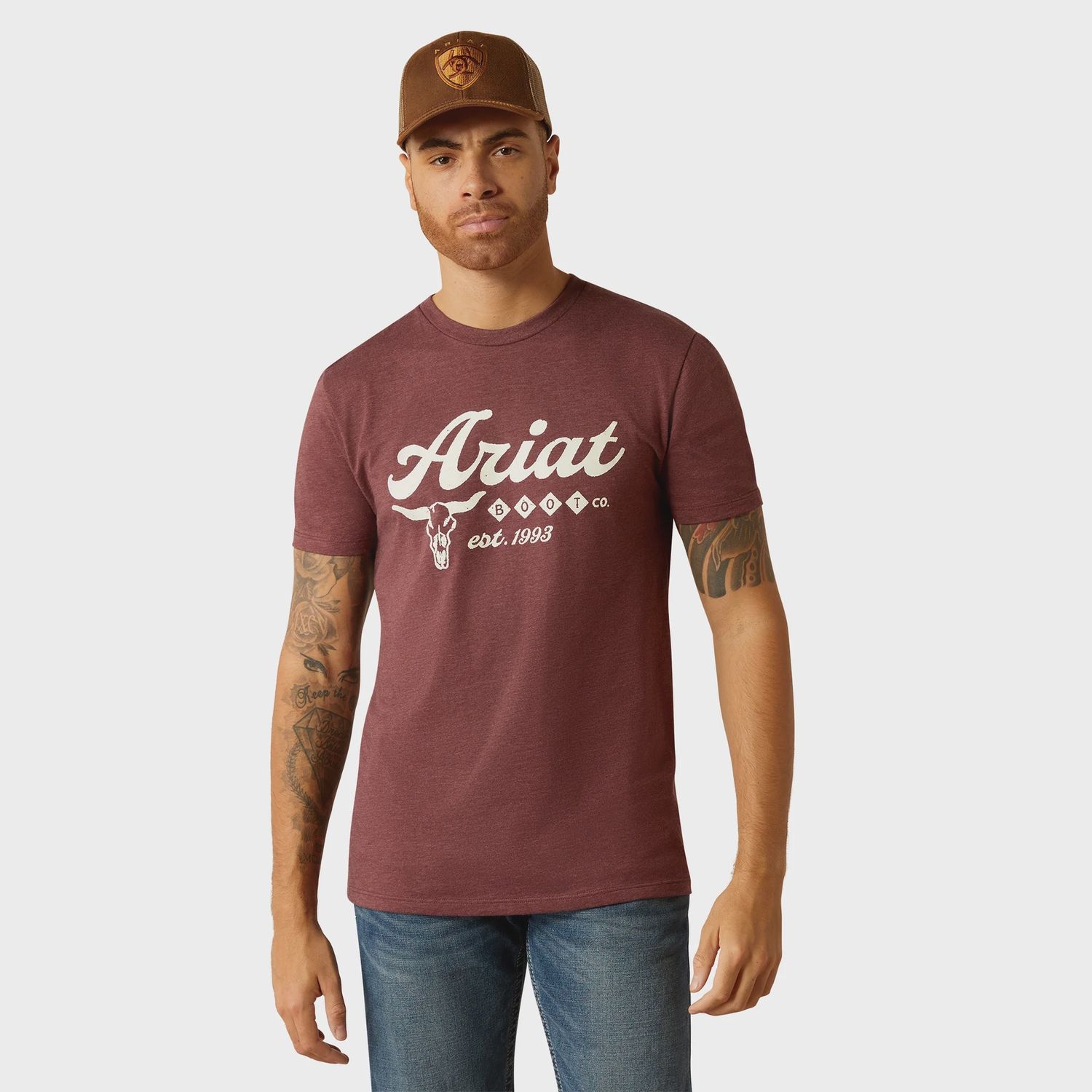 Ariat Mens Established Boot Co Maroon Heather T-Shirt, Color: Maroon Heather, Size: S