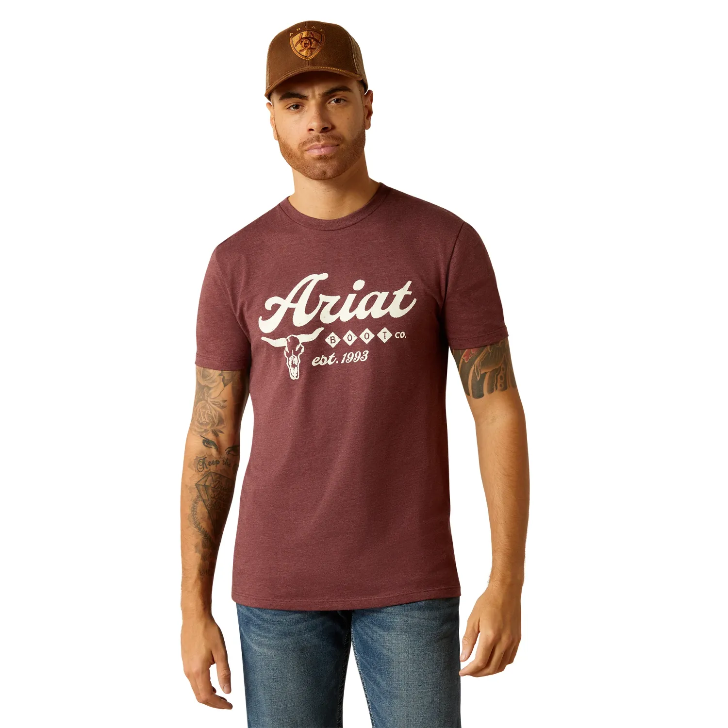 Ariat Mens Established Boot Co Maroon Heather T-Shirt, Color: Maroon Heather, Size: S