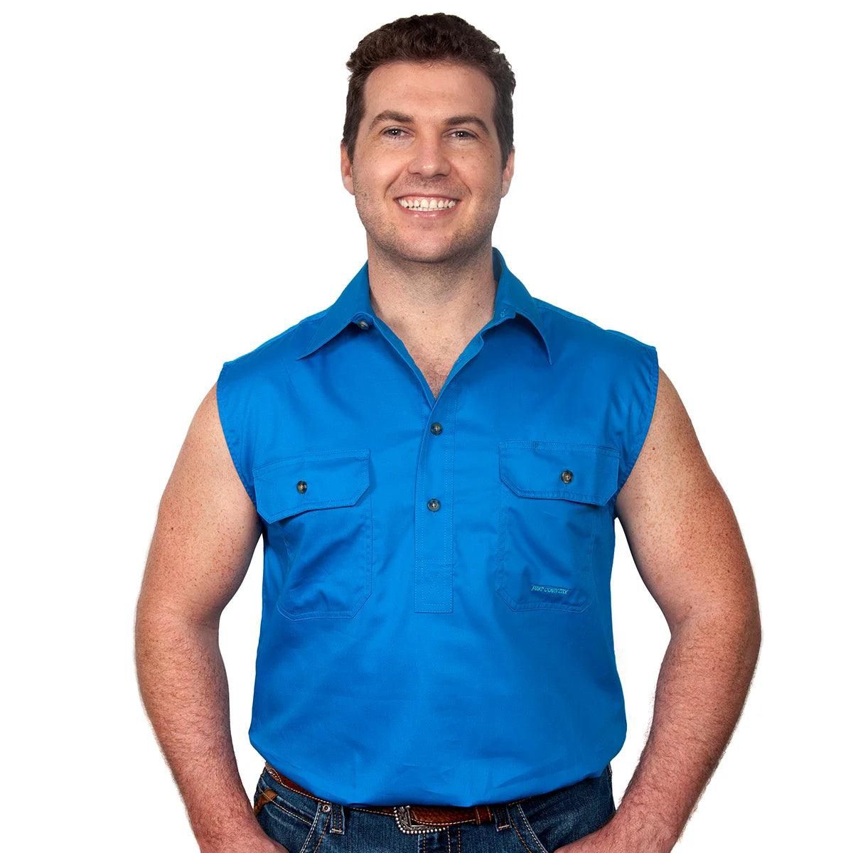 Just Country Mens Jack Half Button Sleeveless Blue Jewel Work Shirt, Size: S