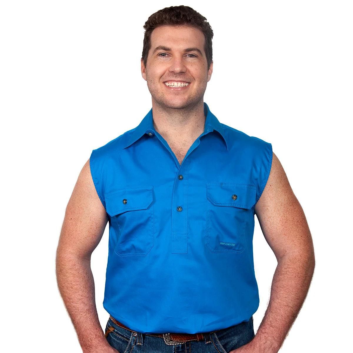 Just Country Mens Jack Half Button Sleeveless Blue Jewel Work Shirt, Size: S
