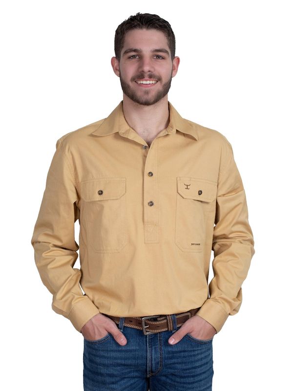 Just Country Mens Cameron Half Button Long Sleeve Sand Work Shirt