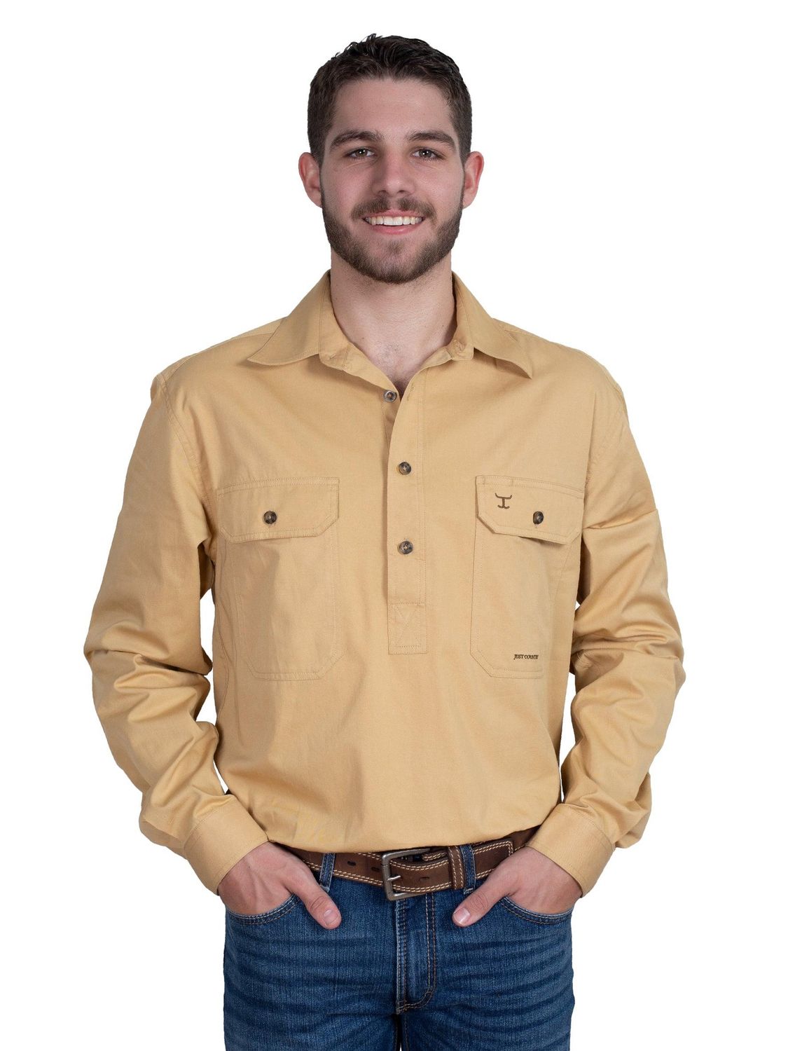 Just Country Mens Cameron Half Button Long Sleeve Sand Work Shirt, Size: S