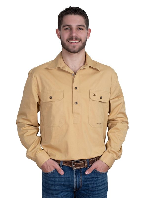 Just Country Mens Cameron Half Button Long Sleeve Sand Work Shirt