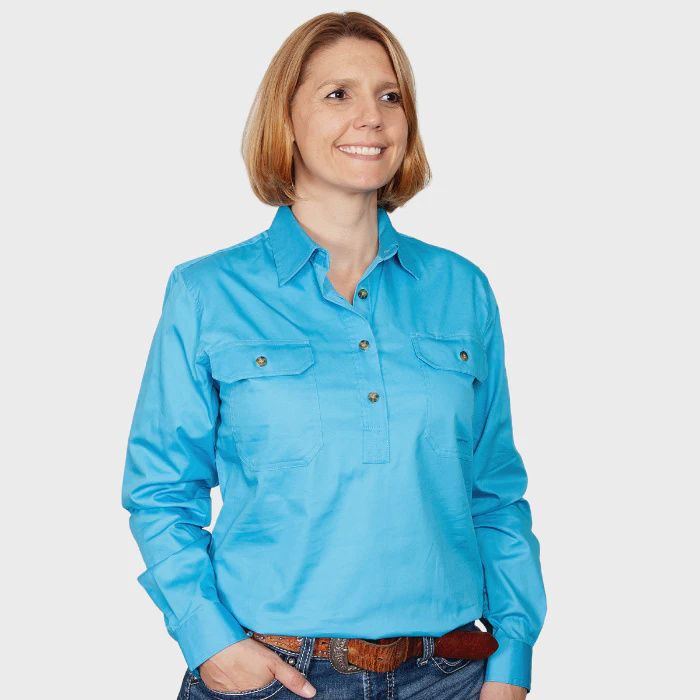 Just Country Ladies Jahna Half Button Long Sleeve Sky Work Shirt, Size: XS (8)