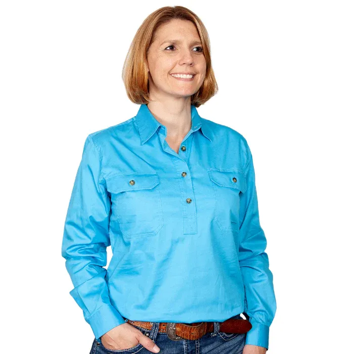 Just Country Ladies Jahna Half Button Long Sleeve Sky Work Shirt, Size: XS (8)
