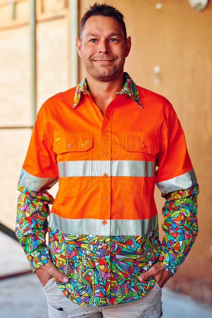 Trademutt Mens Full Button Long Sleeve Hi Vis Orange Bonza Work Shirt, Size: XS