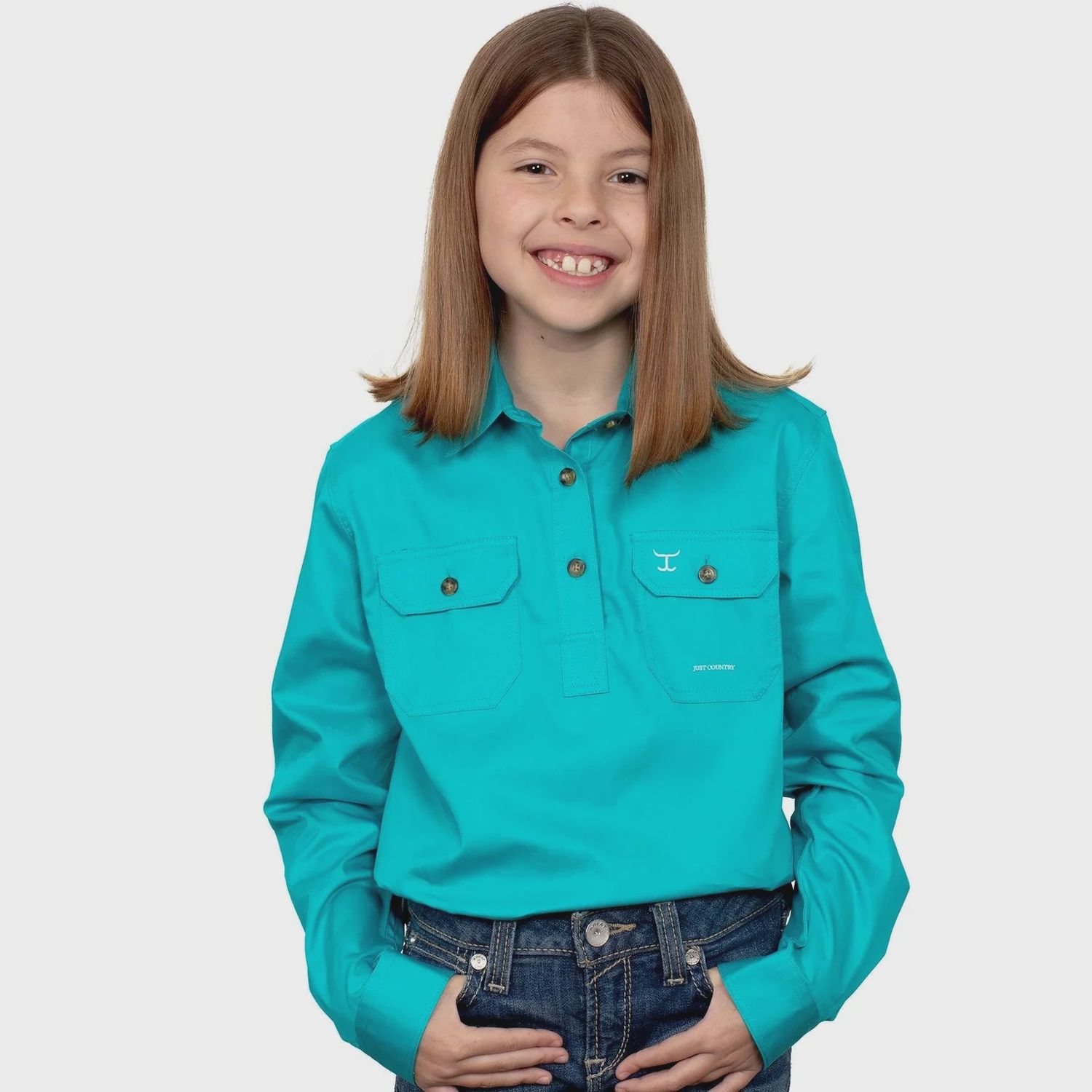 Just Country Kids Girls Kenzie Half Button Long Sleeve Turquoise Work Shirt, Size: XXS (2-3)