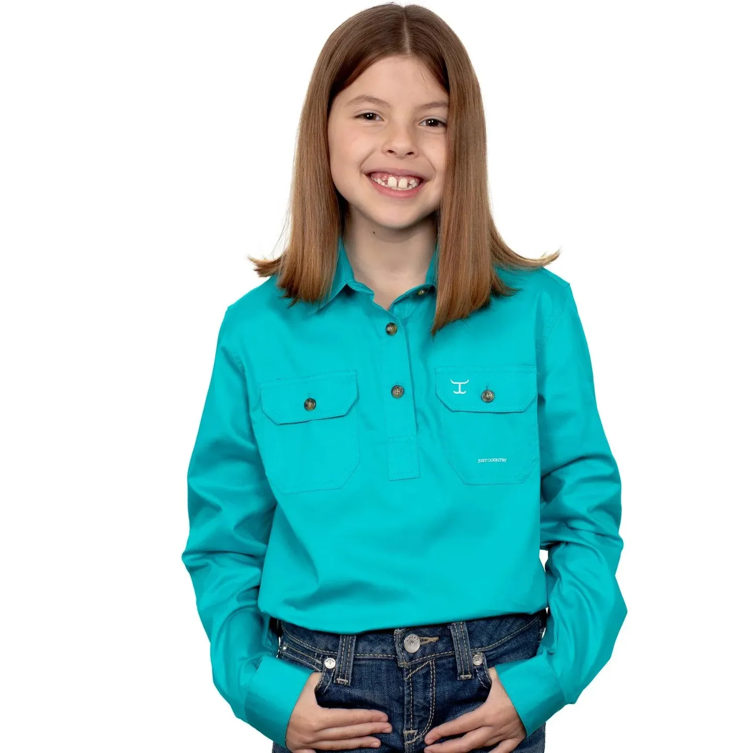 Just Country Kids Girls Kenzie Half Button Long Sleeve Turquoise Work Shirt, Size: XXS (2-3)