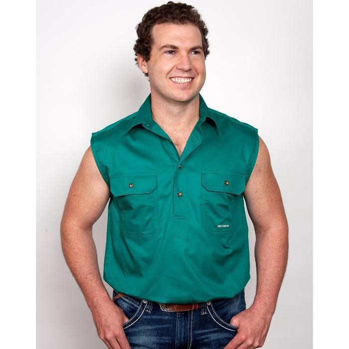 Just Country Mens Jack Half Button Sleeveless Dark Green Work Shirt, Size: S