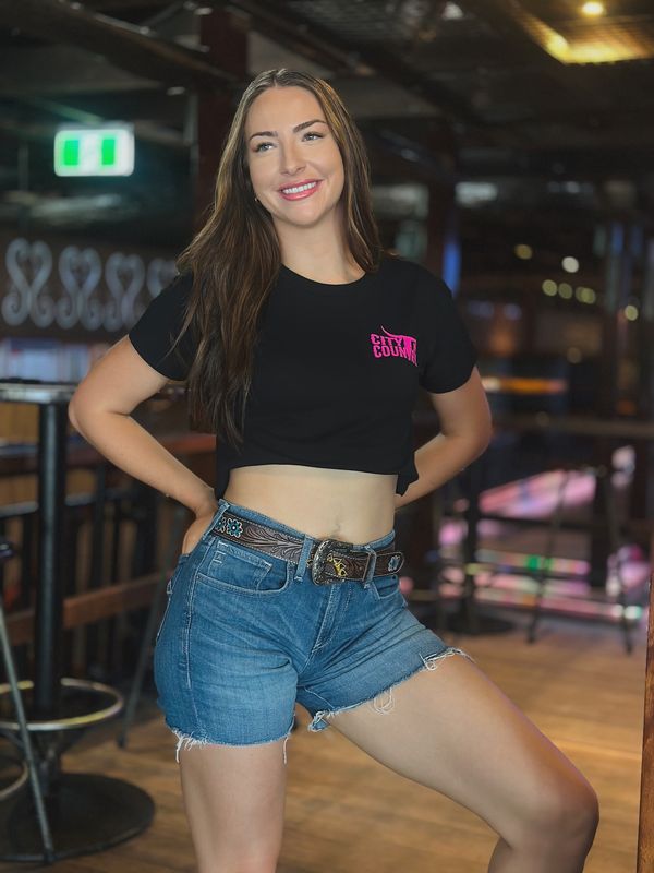 City N Country Ladies Classic Black and Pink Crop Tee