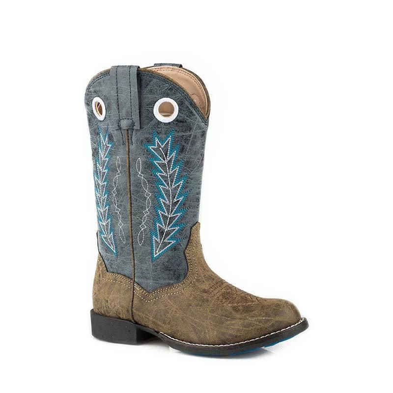 Roper Kids Hole In The Wall Brown and Blue Boot, Shoe size: 9