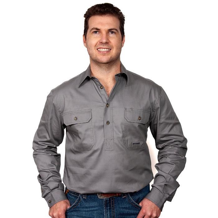 Just Country Mens Cameron Half Button Long Sleeve Steel Grey Work Shirt, Size: S