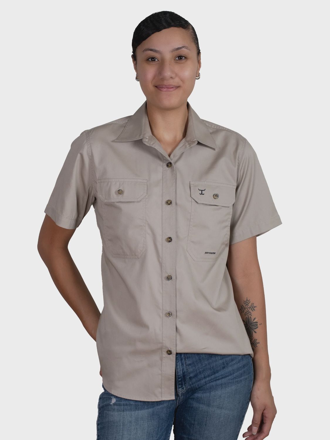 Just Country Ladies Maggie Full Button Short Sleeve Stone Work Shirt, Size: XS (8)