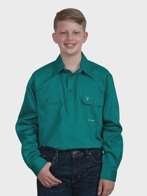 Just Country Kids Boys Lachlan Half Button Long Sleeve Dark Green Work Shirt