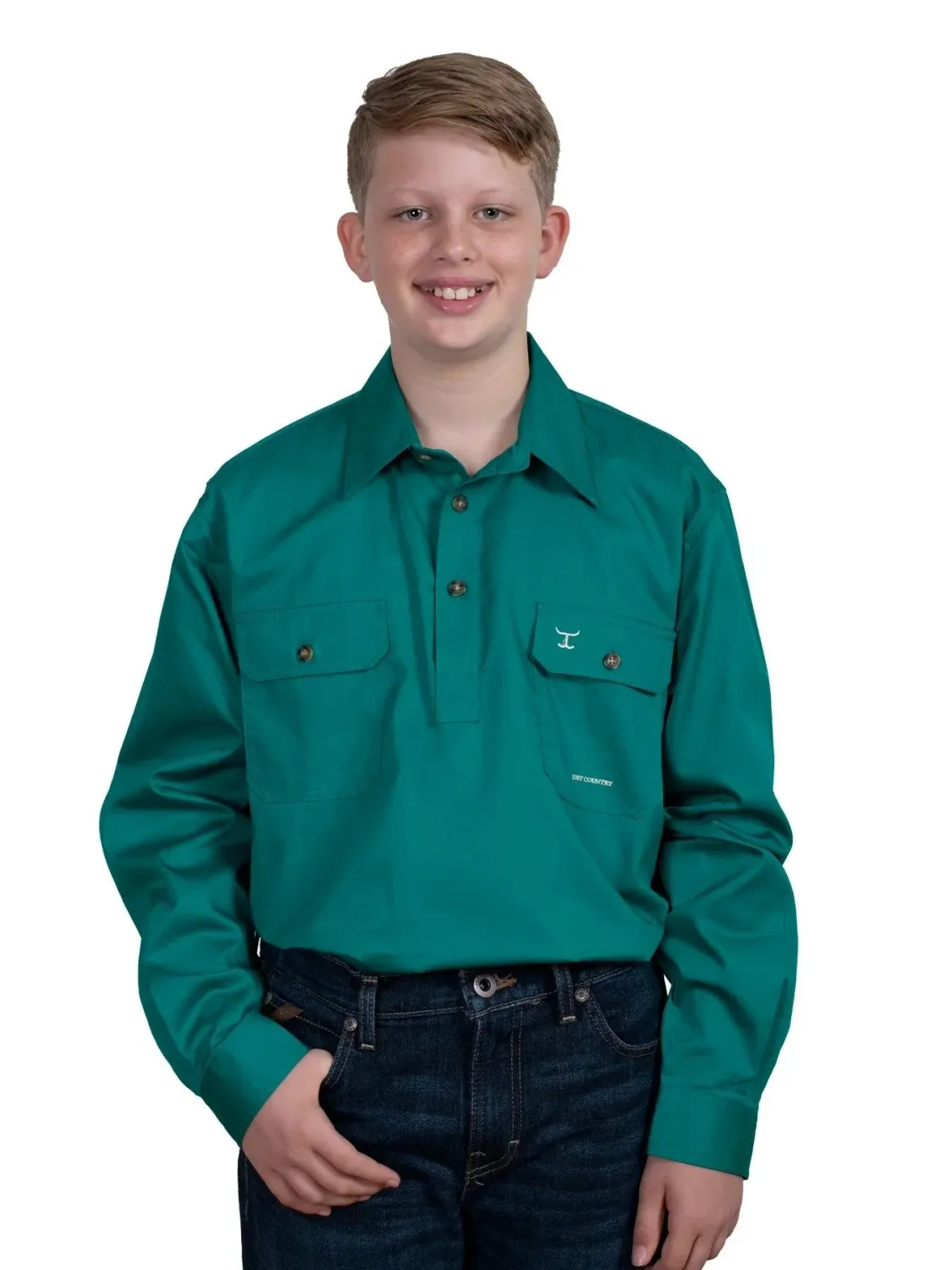 Just Country Kids Boys Lachlan Half Button Long Sleeve Dark Green Work Shirt, Size: XXS (2-3)