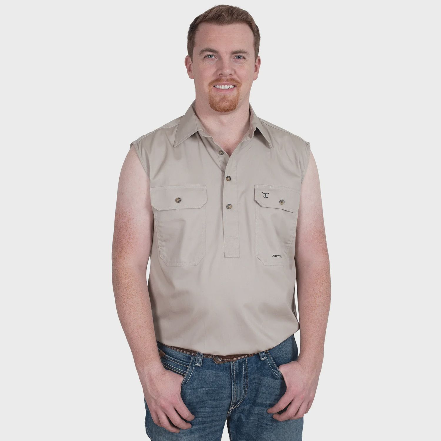 Just Country Mens Jack Half Button Sleeveless Stone Work Shirt, Size: S