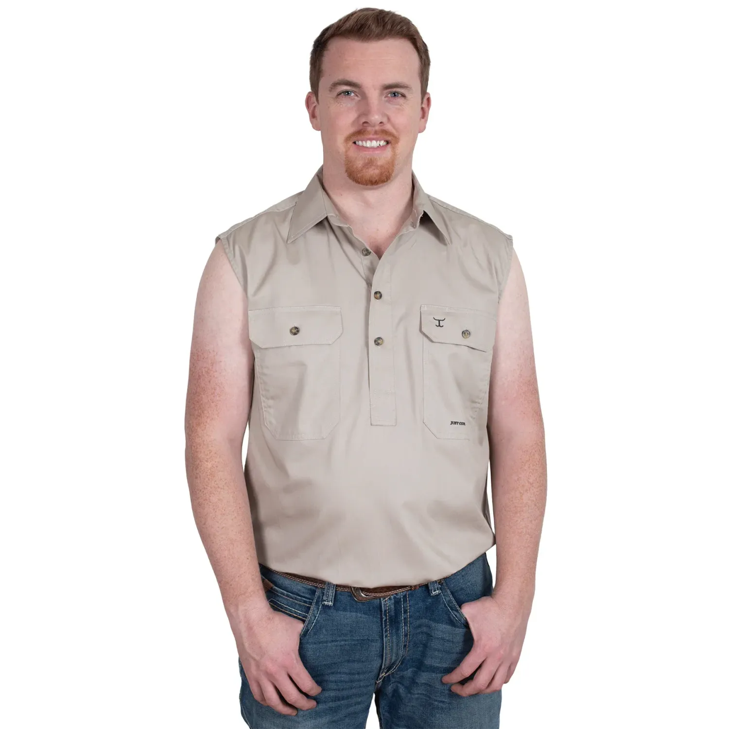 Just Country Mens Jack Half Button Sleeveless Stone Work Shirt, Size: S