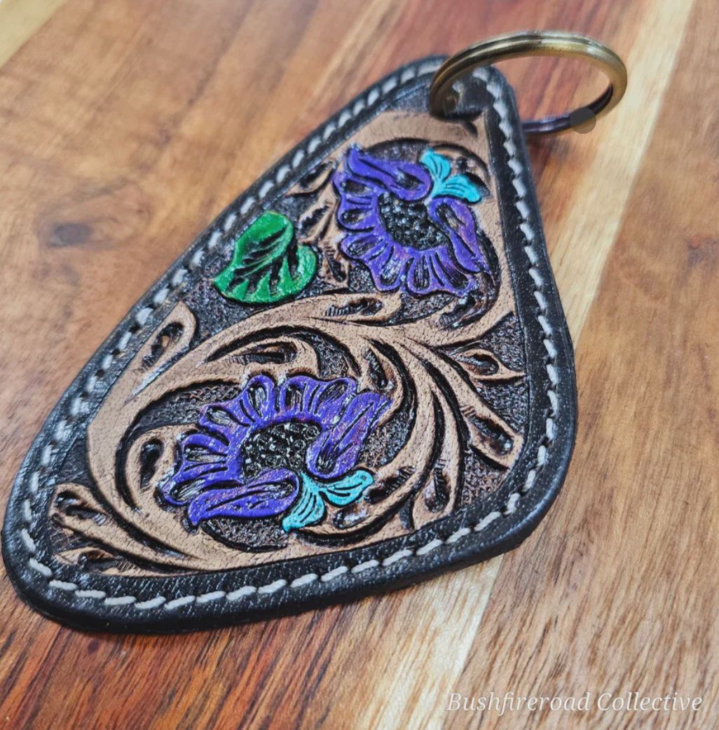 Bushfire Road Purple Flower Tooled Key Ring