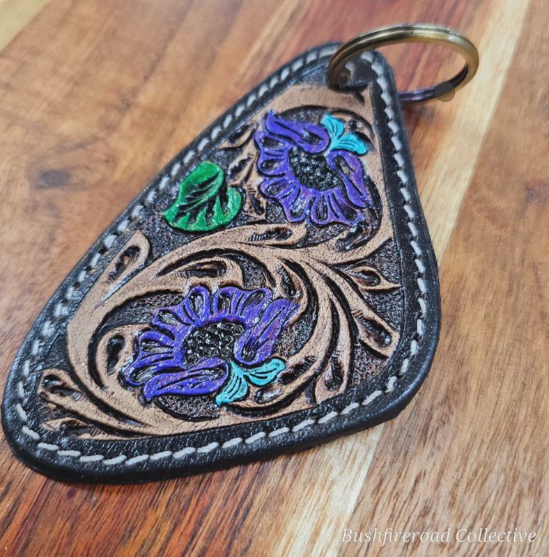 Bushfire Road Purple Flower Tooled Key Ring