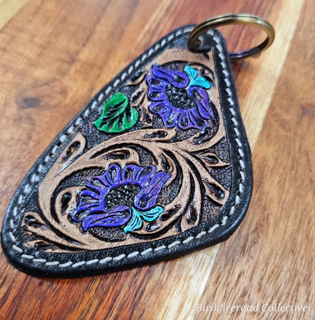 Bushfire Road Purple Flower Tooled Key Ring