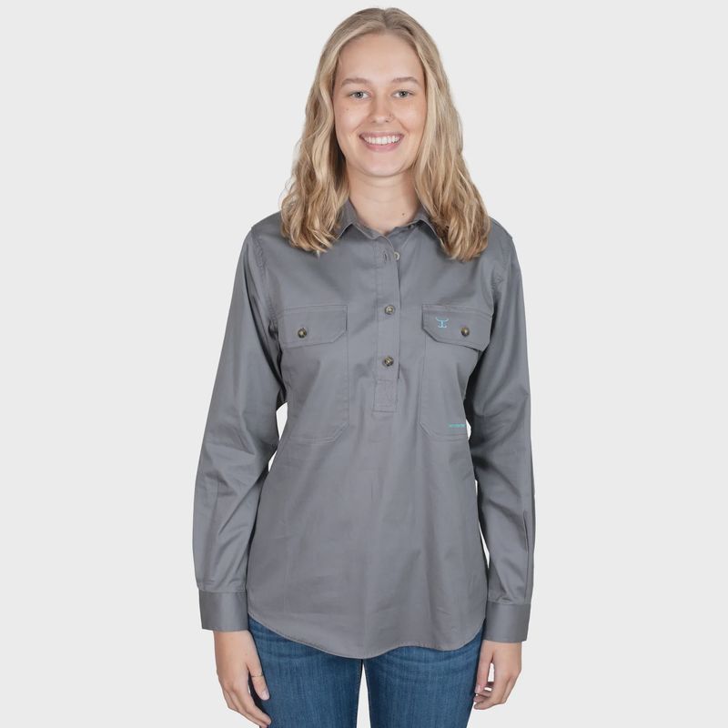 Just Country Ladies Jahna Half Button Long Sleeve Steel Grey Work Shirt