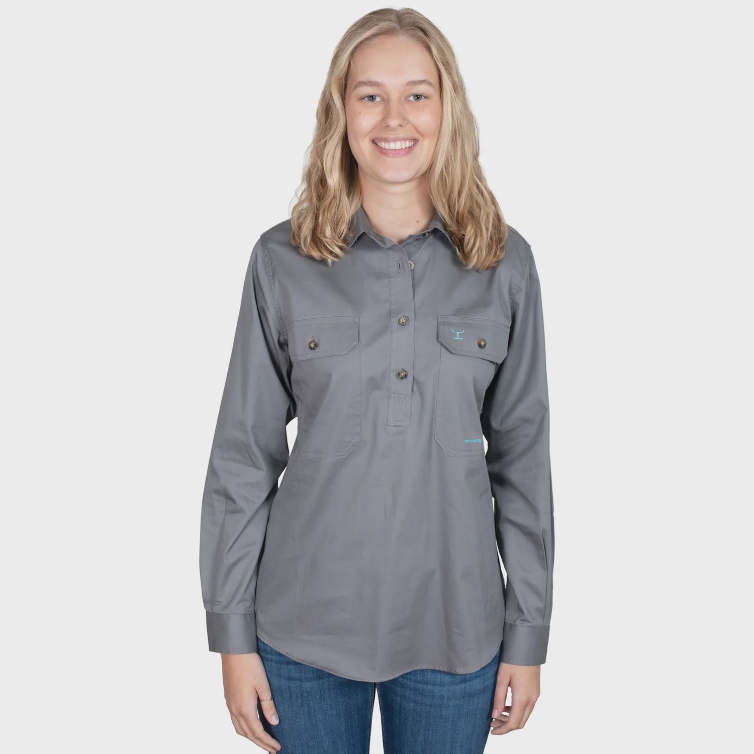 Just Country Ladies Jahna Half Button Long Sleeve Steel Grey Work Shirt, Size: XS (8)