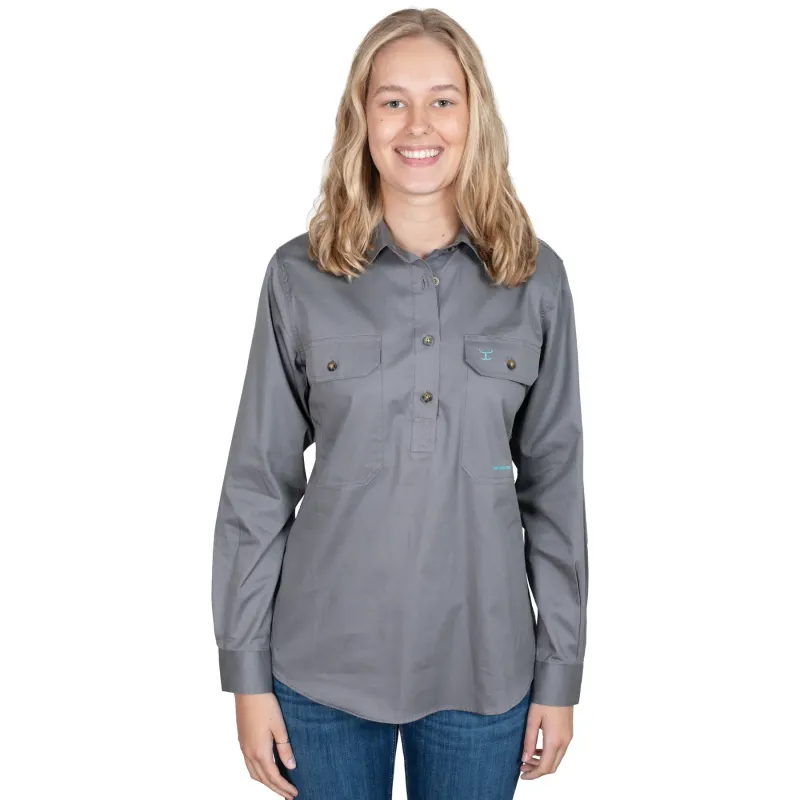 Just Country Ladies Jahna Half Button Long Sleeve Steel Grey Work Shirt