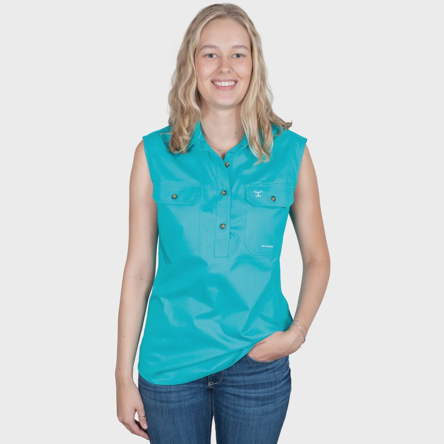 Just Country Ladies Kerry Half Button Sleeveless Turquoise Work Shirt, Size: XS (8)