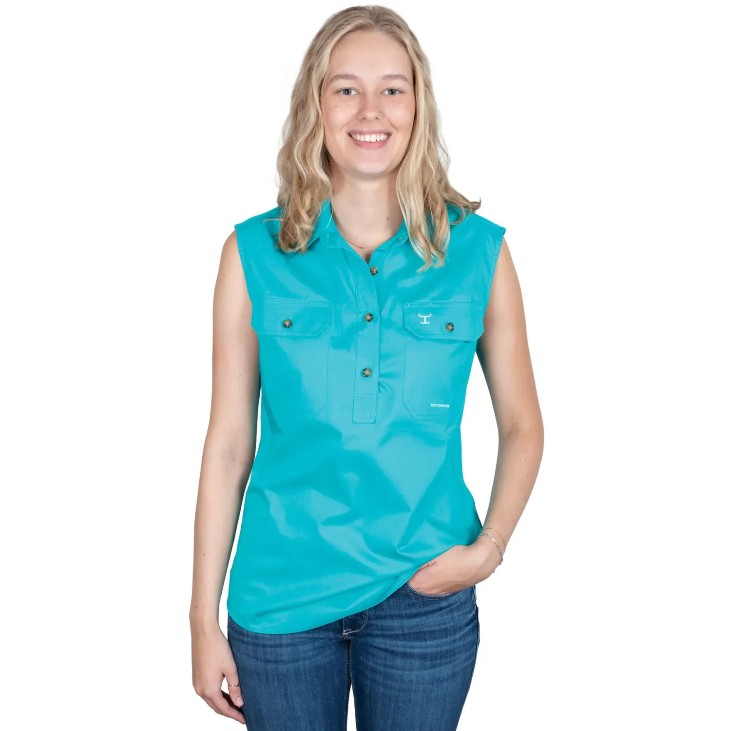 Just Country Ladies Kerry Half Button Sleeveless Turquoise Work Shirt, Size: XS (8)
