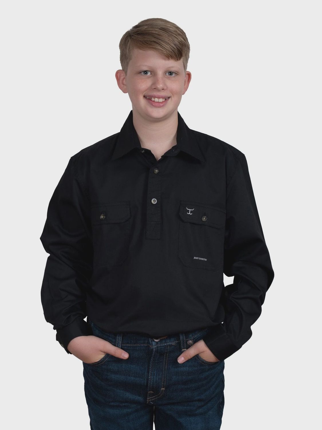 Just Country Kids Boys Lachlan Half Button Long Sleeve Black Work Shirt, Size: XXS (2-3)