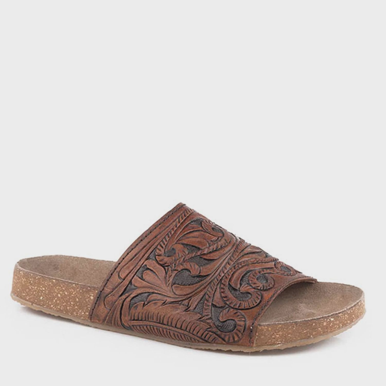 Roper Ladies Destiny Congac and Black Tooled Leather Sandal, Shoe size: 6
