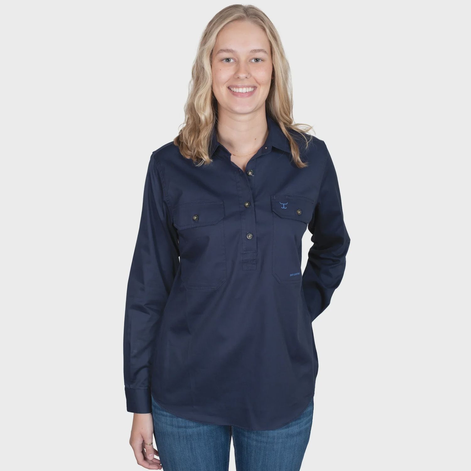 Just Country Ladies Jahna Half Button Long Sleeve Navy Work Shirt, Size: XS (8)
