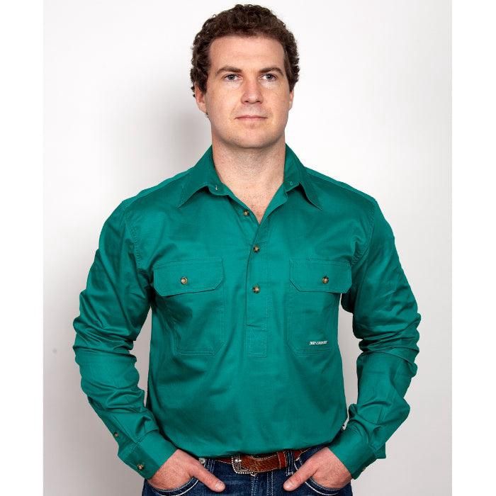 Just Country Mens Cameron Half Button Long Sleeve Dark Green Work Shirt, Size: S