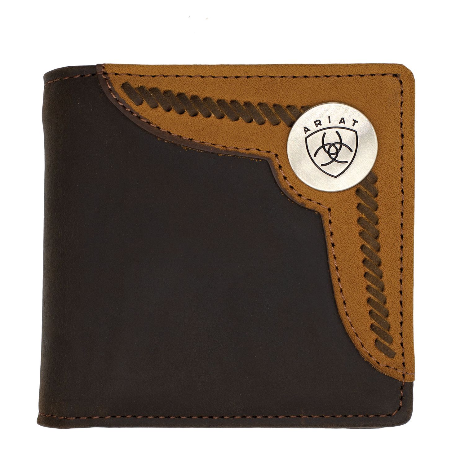 Ariat Bi Fold Two Toned Accent Overlay Brown and Tan Leather Wallet