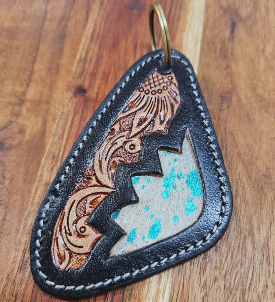 Bushfire Road Black and Blue Fleck Tooled Key Ring