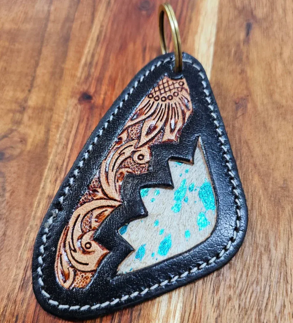 Bushfire Road Black and Blue Fleck Tooled Key Ring