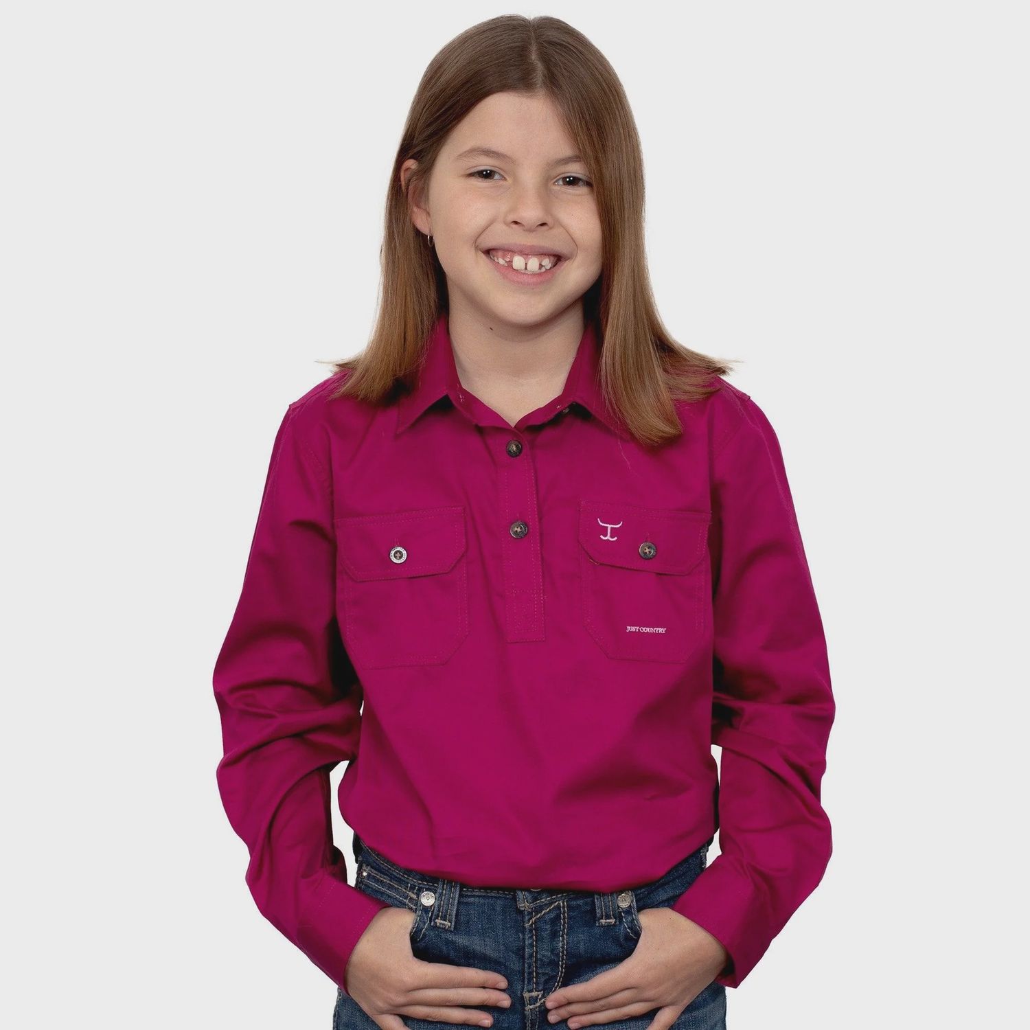 Just Country Kids Girls Kenzie Half Button Long Sleeve Magenta Work Shirt, Size: XS (4-5)